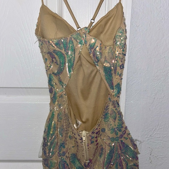 Dress for any formal event. Tan color dress with beautiful holographic sequins. - Picture 3 of 4